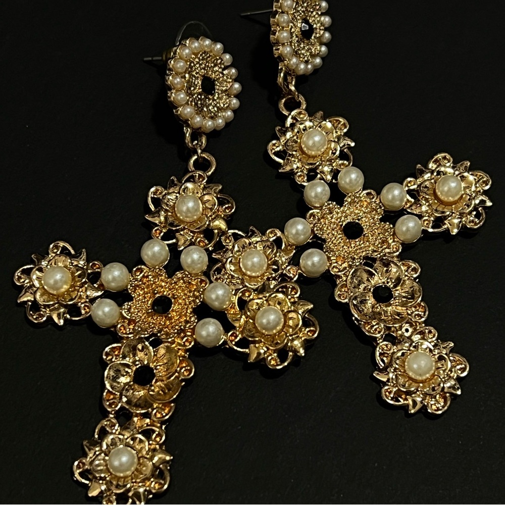 Elegant Gold and Pearl Cross Earrings